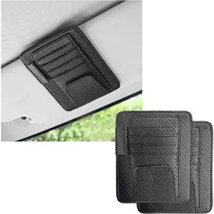 2PCS Small Leather Car Sun Visor Organizer, Multifunctional Auto Visor Document Holder with Sunglasses Clip, Universal Car Interior Organizer for Driving License, Card, Pen (Carbon Fiber Black)
