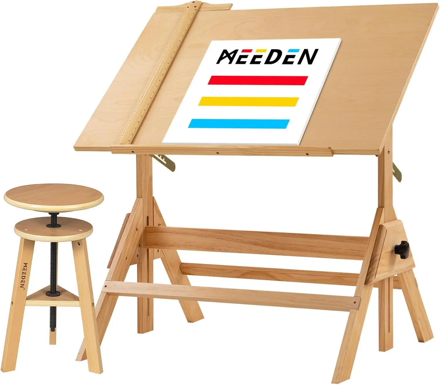 MEEDEN Wood Drafting Table & Stool Set, Adjustable Height Tables with Tiltable Tabletop, Artist-Focused Office Furniture for Artwork, Graphic Design