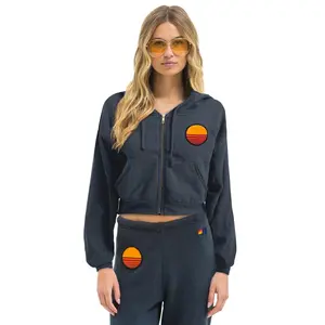 SUNSET PATCH RELAXED CROPPED ZIP HOODIE - CHARCOAL
