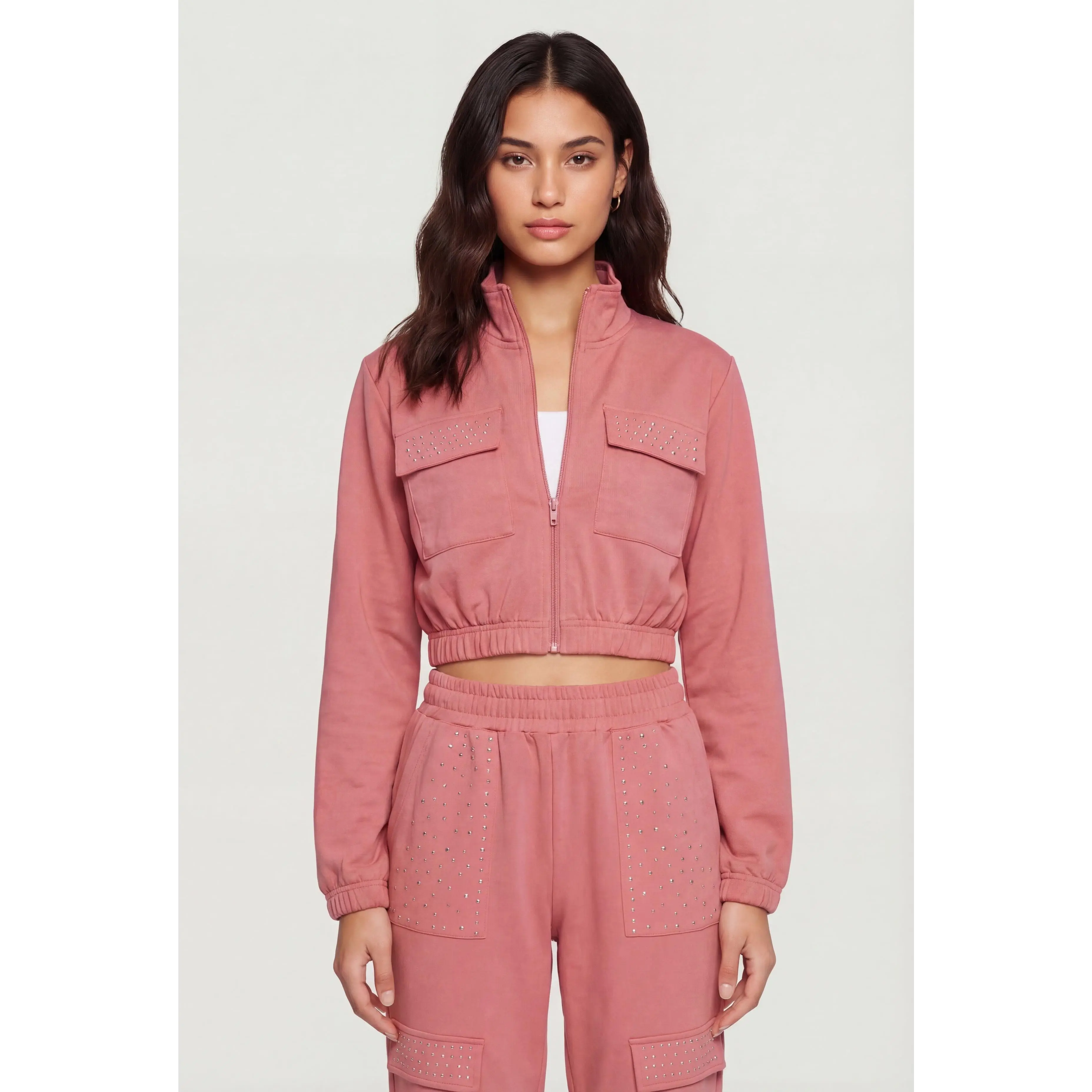 Rhinestone Detail Zip Front Mock Neck Cropped Track Jacket
