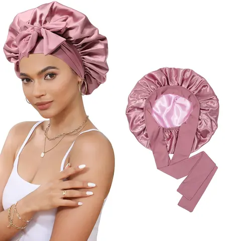 AWAYTR Female Reversible Double-Layered Satin Bonnet for Adults - Adjustable Tie Band, Elastic Fabric/Material, Anti-Hair Loss, Hair Protection, Bathroom Accessory, Hand Wash, 1 Pc, Daily Use, Wear While Washing Face