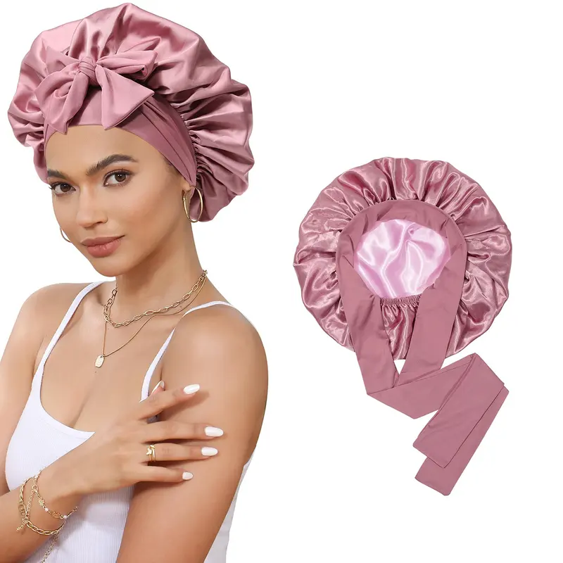 AWAYTR Female Reversible Double-Layered Satin Bonnet for Adults - Adjustable Tie Band, Elastic Fabric/Material, Anti-Hair Loss, Hair Protection, Bathroom Accessory, Hand Wash, 1 Pc, Daily Use, Wear While Washing Face