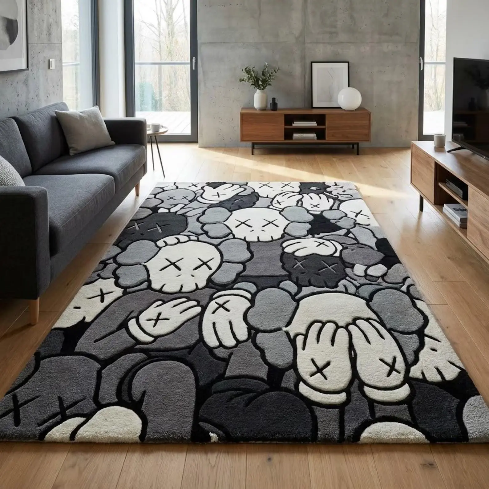 KAWS-Inspired Hand-Tufted Wool Area Rug, Monochrome Pop Muse Modern Abstract Custom-Size Contemporary Luxury Carpet