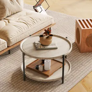 30 Inch Round Coffee Table with 2-Tier Storage, Boho Center Table with Open Storage Shelf, Metal Legs Natural Oak Finish, Easy Assembly for Living Room Small Spaces