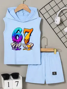 Boys Summer Hooded Sleeveless Set, “SIX SEVEN” “67” Print Fashion Casual Two-Piece Vest Shorts, Daily School Sports Weekend