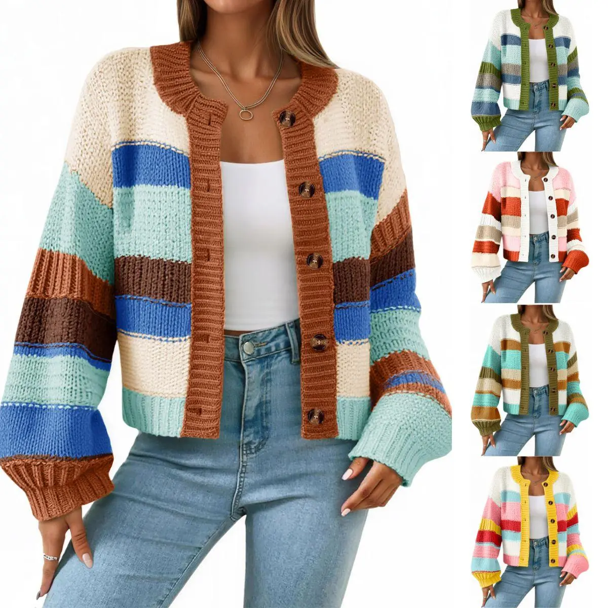 JovenPara Women's Colorblock Striped Chunky Button-Up Cardigan Sweater Coat Top, Aesthetic Casual Long-Sleeve Crewneck Breathable Knitwear for Fall, Tops, Aesthetic Casual Pullover, Longsleeves
