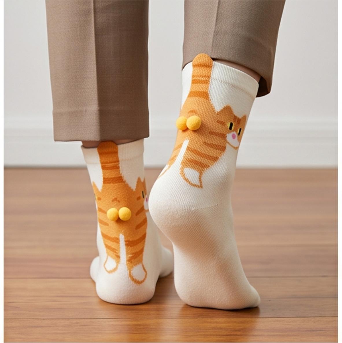 Orange Cat Egg Socks Unisex Mid-Calf Pure Cotton Funny Cartoon 3D Pom Pom Ins Trendy Cute Versatile Outdoor Cotton Socks 2 Pairs