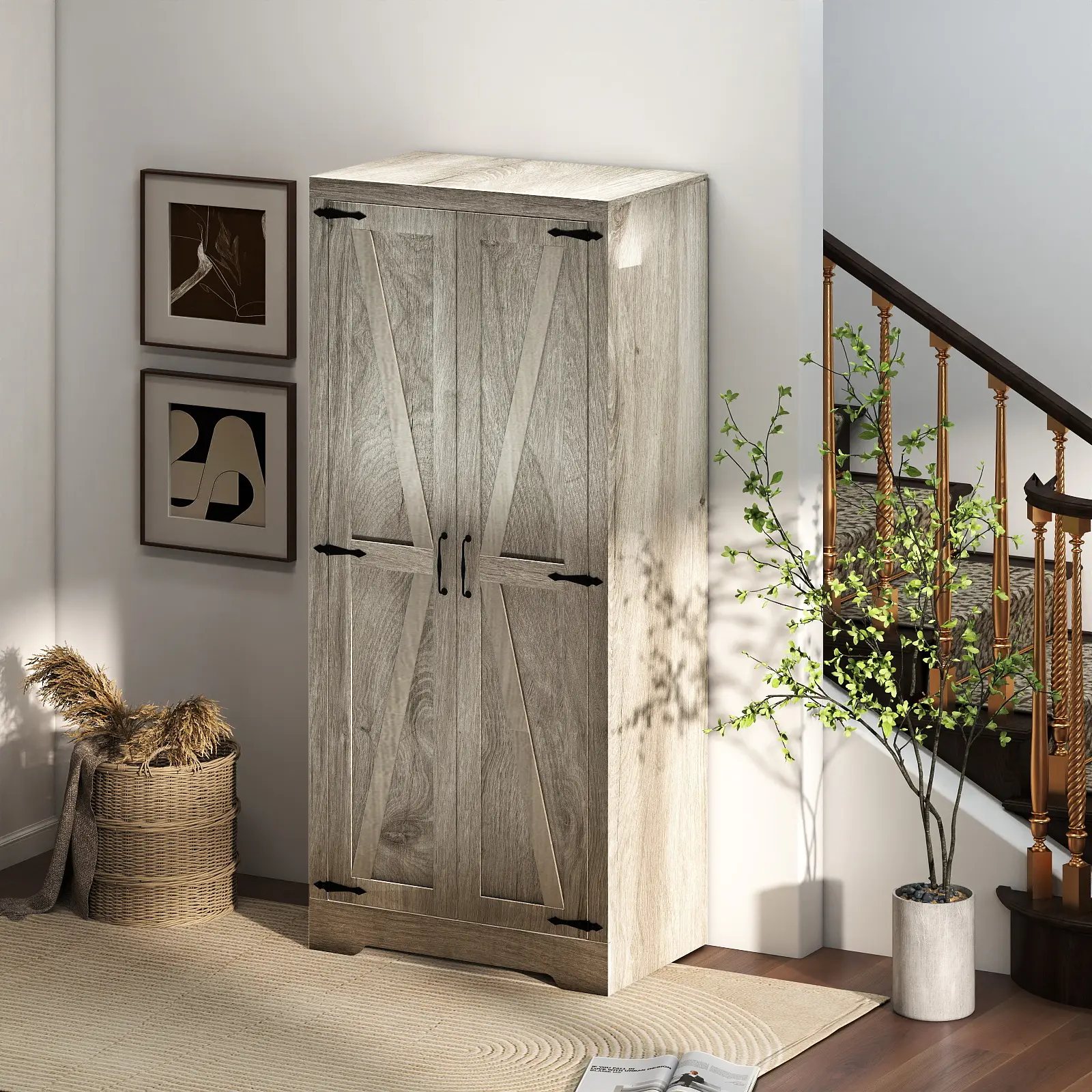 71-in Modern Farmhouse Vertical Kitchen Pantry Cabinet - 2 Doors, Adjustable Pantry Shelves, Modern Cupboards, Organizer Storage Furniture for Living Rooms, Single Unit with Setup Required, Hanging Rods Save Space