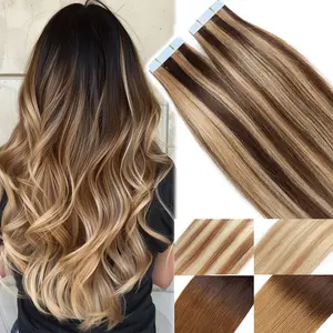 20pcs/Set Invisible Tape In Hair Extensions Ombre Highlight 100% Remy Human Hair Blonde Brown Natural Hairpiece For Women
