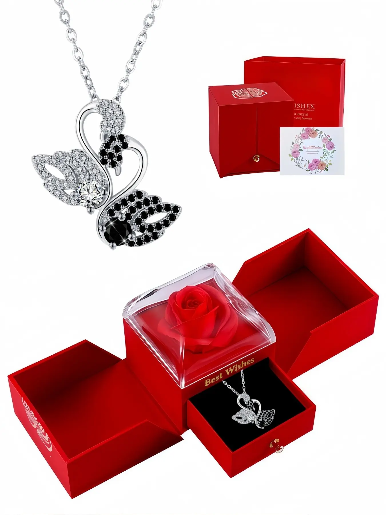 Double Swan Diamond Shade Luxury romantic black swan pendant, elegant high-shine gem necklace. Paired with a surprise double-door preserved rose jewelry box, perfect for birthdays, Mother’s Day and Valentine’s Day gifts.
