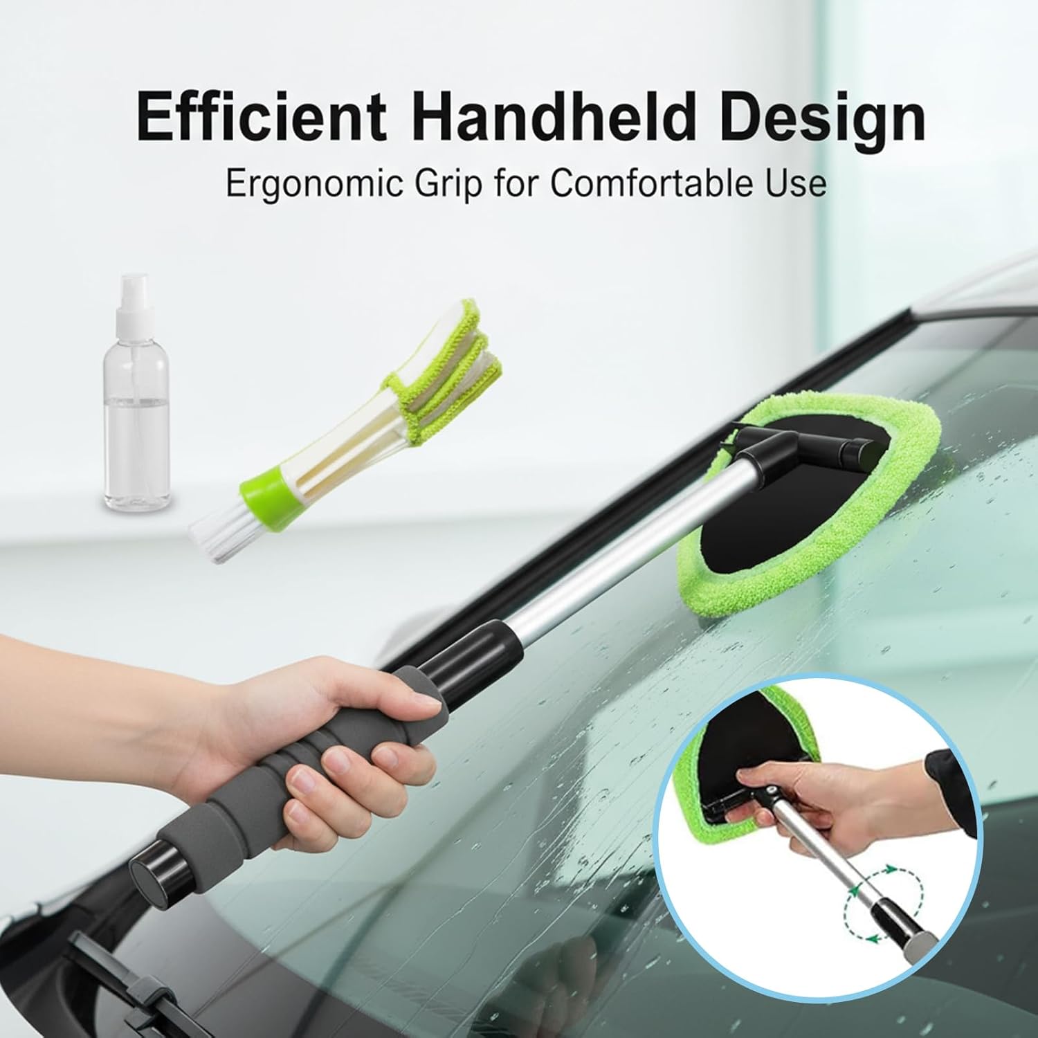 Windshield Cleaner Tool, Car Interior Detailing Cleaning Kit with Extendable Handle and 5 Upgraded High-Density Reusable Microfiber Pads, Auto Glass Wiper Brush Kit for Cars																	