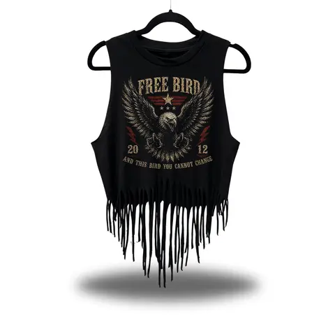 Women's FREE BIRD Fringe Embellished Crop Tank Top - Sleeveless Cotton Camisole, 1-Piece Countrygirl Boho Western Graphic Top, Hang Dry (Women's Tanks & Camis), Countrygirl Western Graphic Women's Tanks & Camis