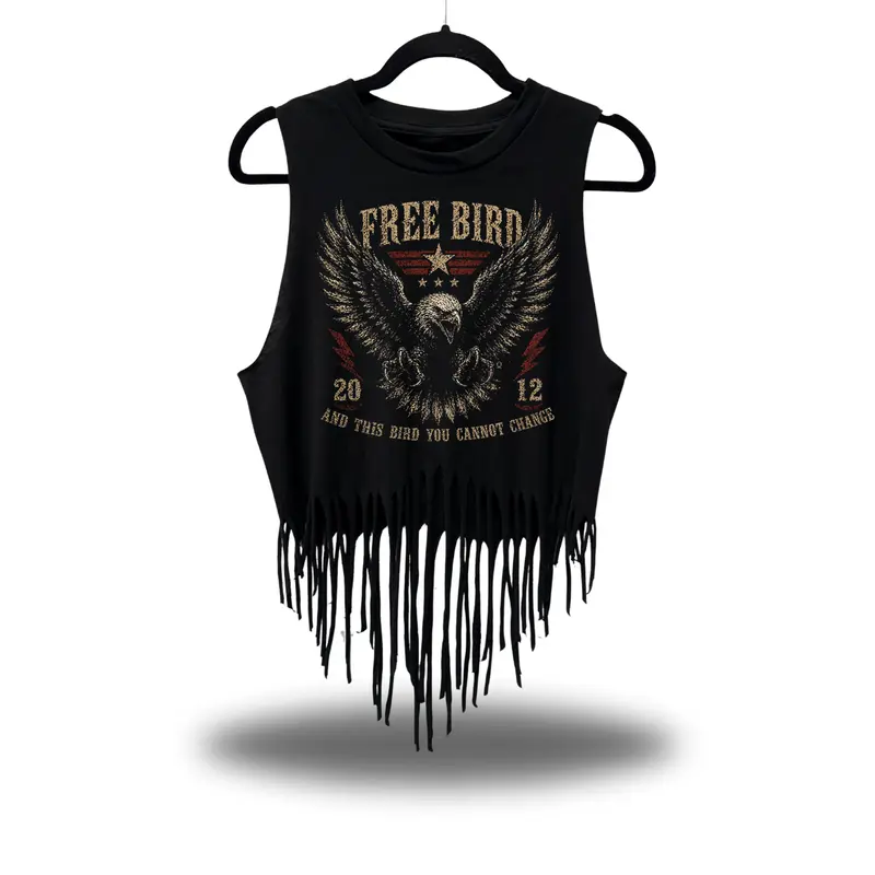 Women's FREE BIRD Fringe Embellished Crop Tank Top - Sleeveless Cotton Camisole, 1-Piece Countrygirl Boho Western Graphic Top, Hang Dry (Women's Tanks & Camis), Countrygirl Western Graphic Women's Tanks & Camis