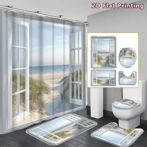 4PCS Coastal View Shower Curtain set, Serene Beach Window Scene Bathroom Decor, Accessories with Bath Mat, U-shaped Mat, Toilet Lid Cover, 12 Hooks 180x180cm Curtain, Beach Lovers, Home Decor, bathroom accessories