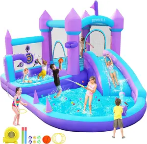 Water Bounce House with Slide for Kids 3-8, Purple Inflatable Bouncy Castle with 480W Blower Jumping Space Ball Pit Swimming Pool, Indoor Bouncy House for Party Birthday Event Gift
