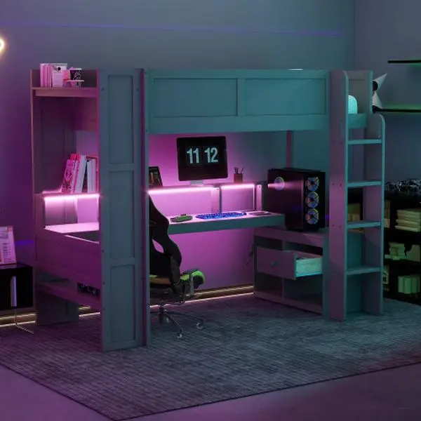 【Bellemave】Wood Twin/Full Size Gaming Loft Bed with Desk, Multi-storage Shelves, LED and Charging Station