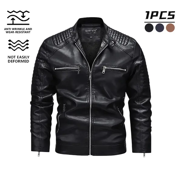 Men's Plain Quilted Faux Leather Motorcycle Jacket - Slim Fit, Stand-Collar Menswear Top with Shoulder Zippered Pockets, Casual Coat for Riding, Commuting, Coats, Tops, Long Sleeve, Stylish