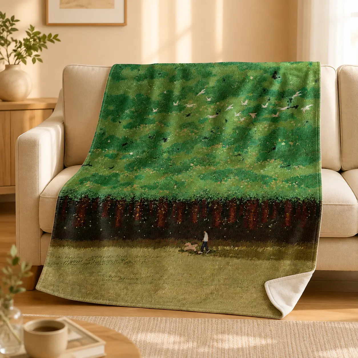 Cozy Green Forest Landscape Flannel Throw Blanket - Soft, Lightweight, 1-Sided Printed with White Reverse, Nature Birds Woodland Art Design for Adults & Kids, Bed & Couch Home Decor Gift
