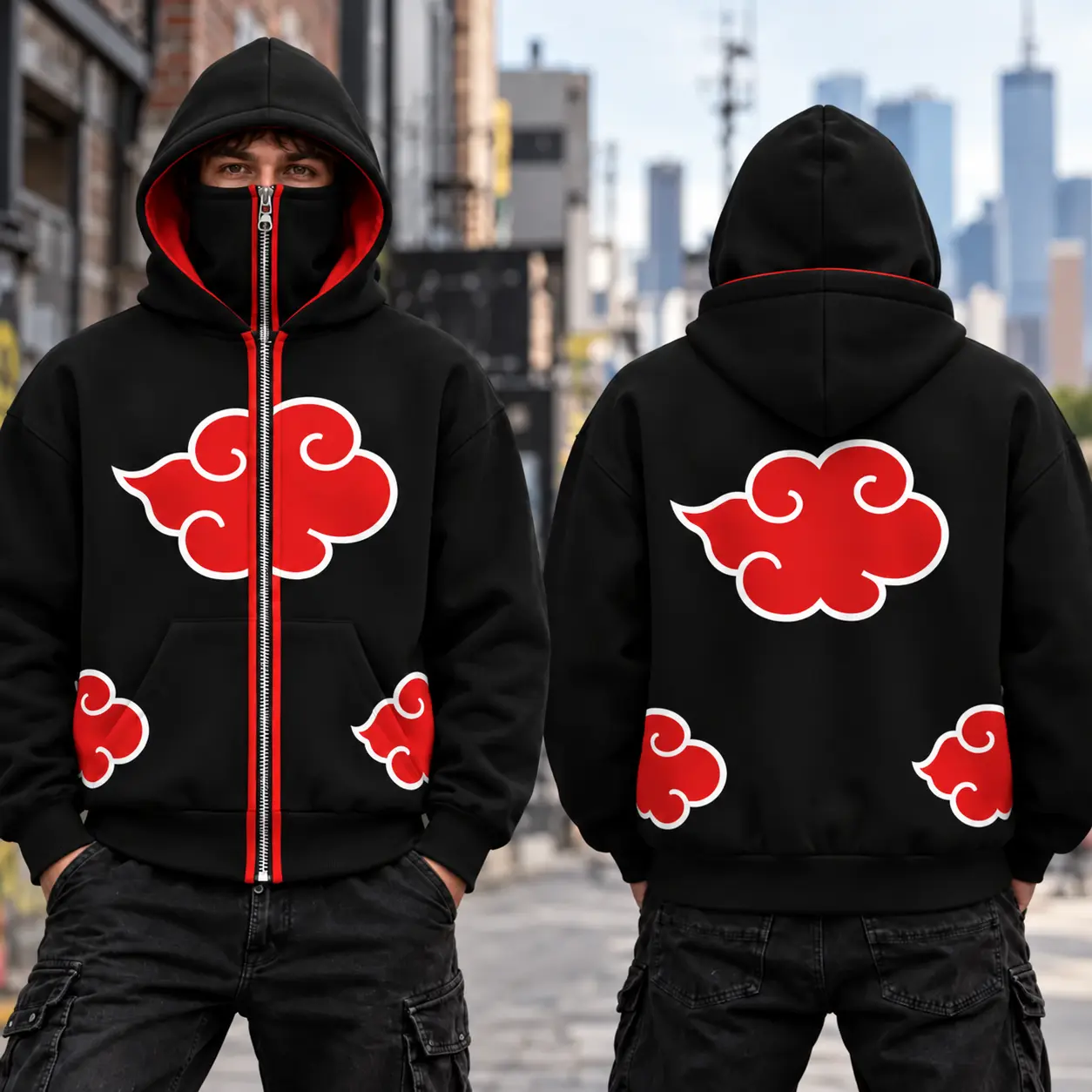 Akatsuki Red Cloud Anime Zip Up Hoodie, Black and Red Graphic Face Cover Sweatshirt, Japanese Anime Inspired Streetwear Jacket, Unisex Y2K Cosplay Hoodie, Gift for Anime Fans