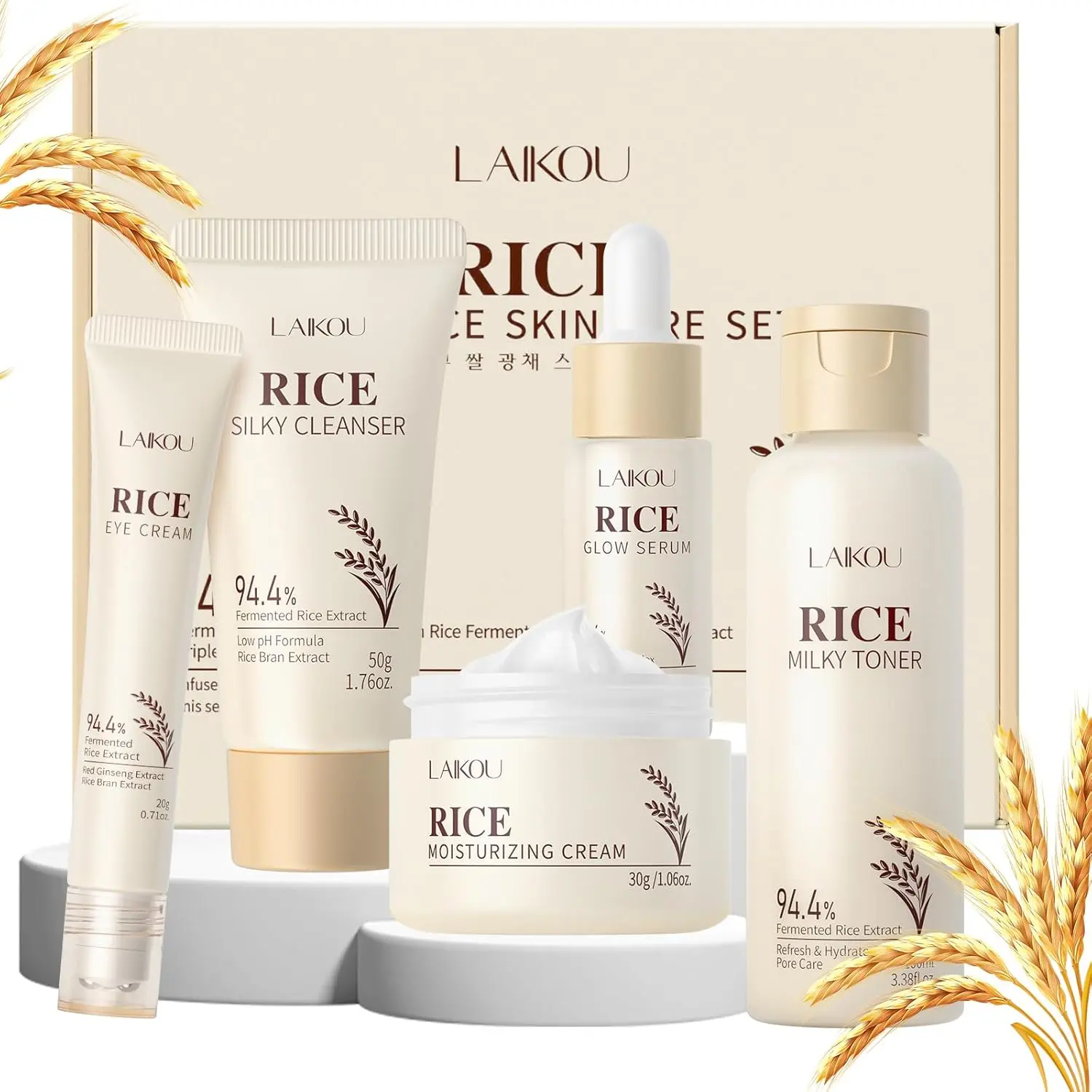 LAIKOU Women's 5-Piece Natural Fermented Rice Extract Skincare Gift Set - Unscented Daily Moisturizing Kit with Cleanser, Serum, Cream, Gentle Silky Formula for Brightening, Anti-Aging, All Skin Types, Christmas, Valentine's Day Travel Toiletries