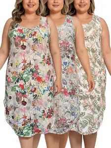Plus Size Round Neck Sleeveless Floral Nightgown 3-Piece Set, Loose A-Line Mid-Length Milk Silk Loungewear, Vintage Floral/Watercolor Bloom/Line Leaf Sleep Dress Trio, Perfect for Pajama Party