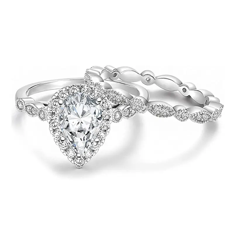Vintage Halo Bridal Ring Set - Pear Cut Cubic Zirconia Ring with Twisted Marquise Stacking Band for Wedding, Anniversary Gifts