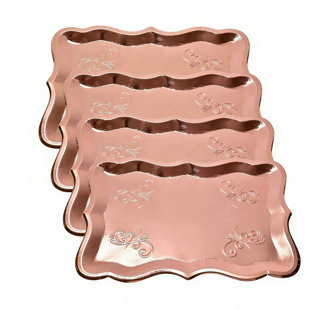 Elegant Rose Gold Rimmed Rectangular Disposable Paper Plates, 9x13 Inches, Perfect for Dessert Display, Table Parties, Cupcake Displays, Birthdays, Weddings