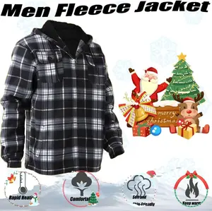 Men's Plaid Fleece Jacket with Full Zip & Adjustable Hood - Heavyweight Sherpa for Outdoor Hiking & Casual Wear - Soft Warm Coat with Pockets for Spring Autumn Winter