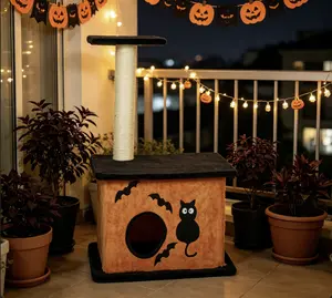 Halloween Cat Tree, Ghost Face Square House, 2 Tiers, Black & Orange, 60*48*84CM, Pet Festival Supplies