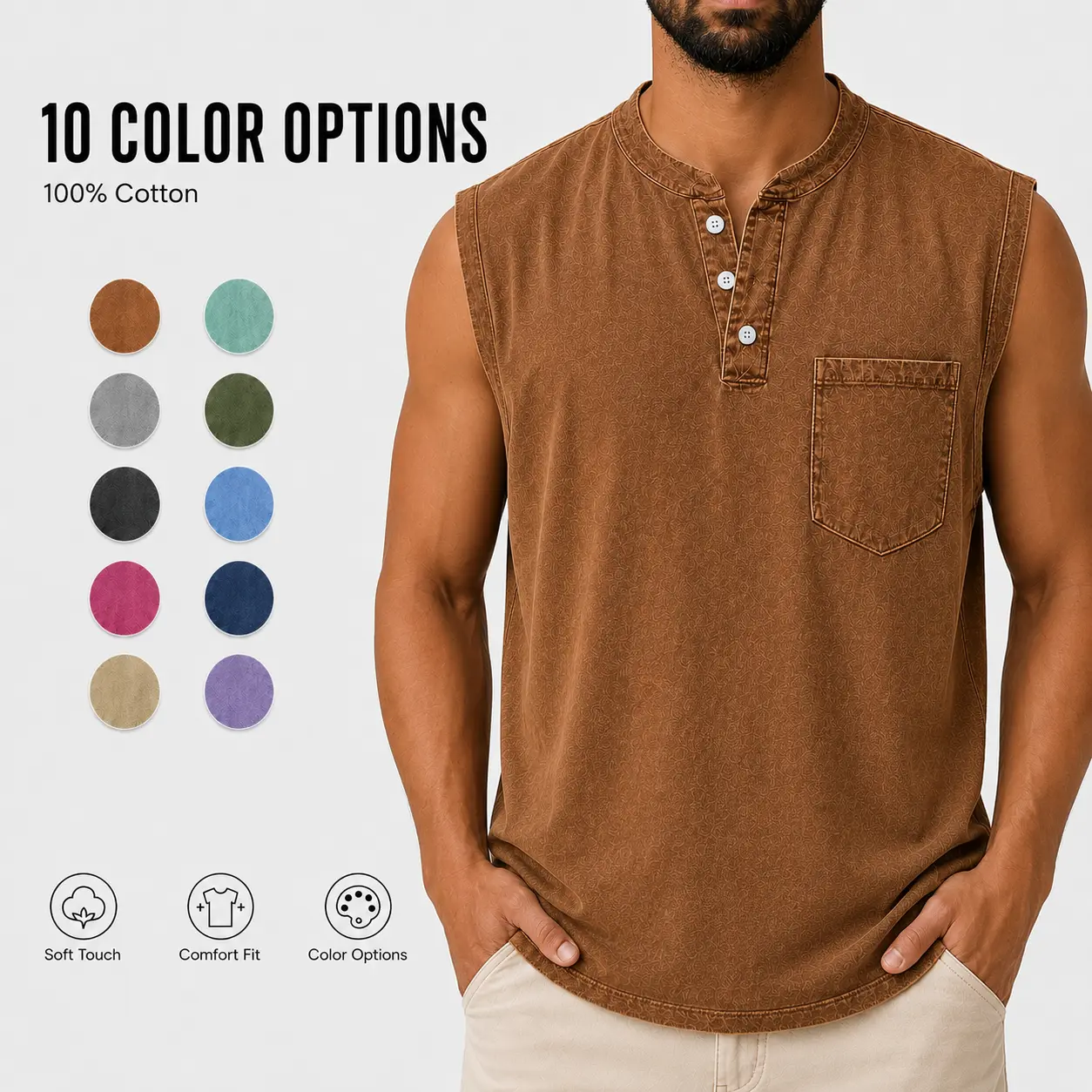Men's Casual Sleeveless Henley Shirt, Washed Cotton Muscle Tank Top with Chest Pocket, Relaxed Fit Plus Size Vest for Gym, Workout, Running & Everyday Wear Menswear Wetsuit