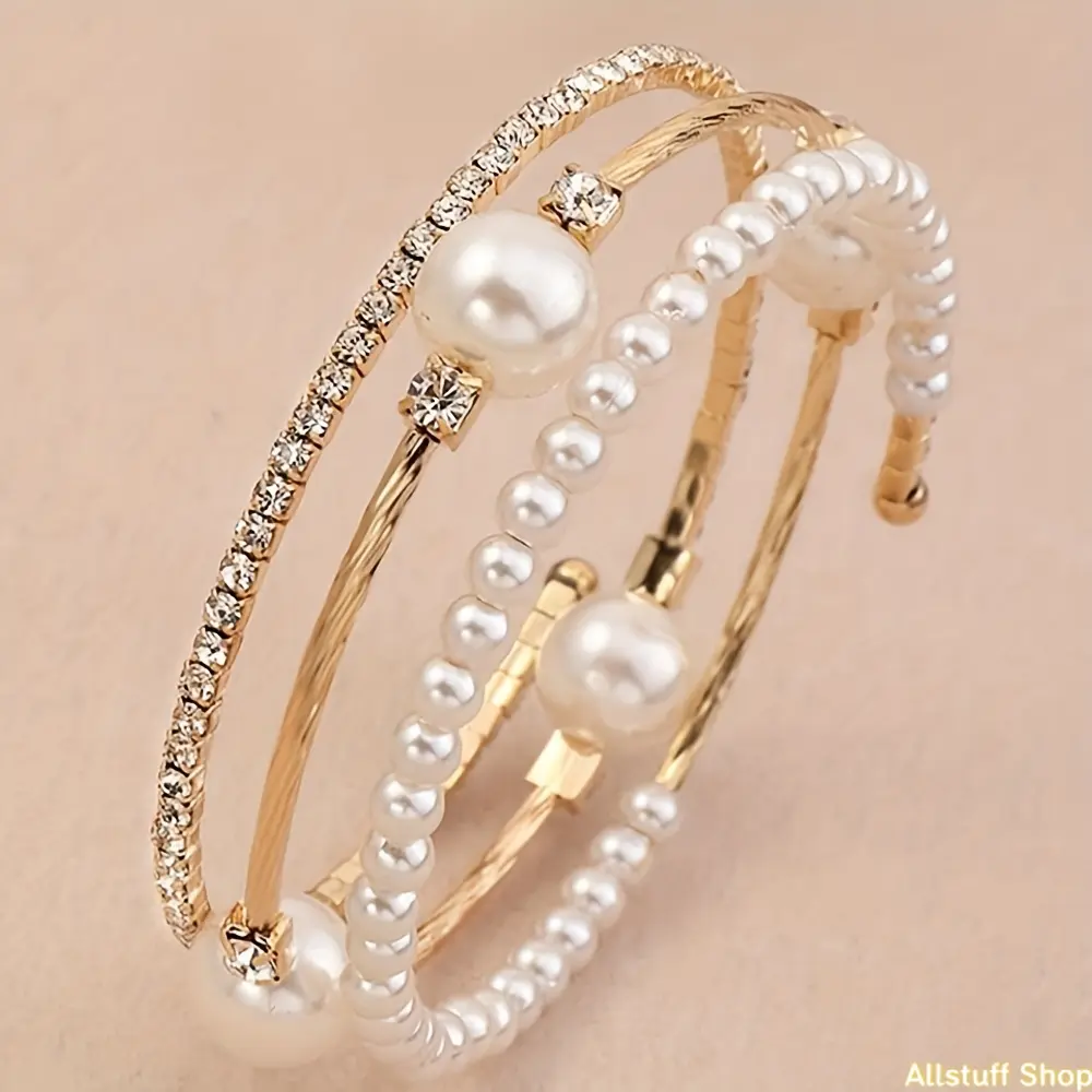 Women's Elegant Cuff Bracelet with Faux Pearl Beads and Rhinestones, Multi-Layered Wrap Wristband Holiday Jewelry, Female, Sports, No, Holiday Wear, Beaded Strands, Crystal Beaded Bracelet, Rhinestone Accents