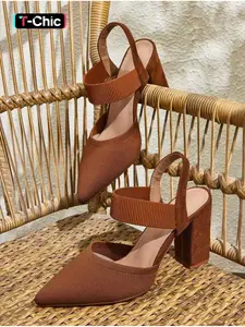 Women's New Summer Fashion Pointed Toe Closed-Toe Elastic Chunky Heel Sandals Simple, Stylish, Comfortable for Daily Wear and Parties Fashionable Heeled Sandals