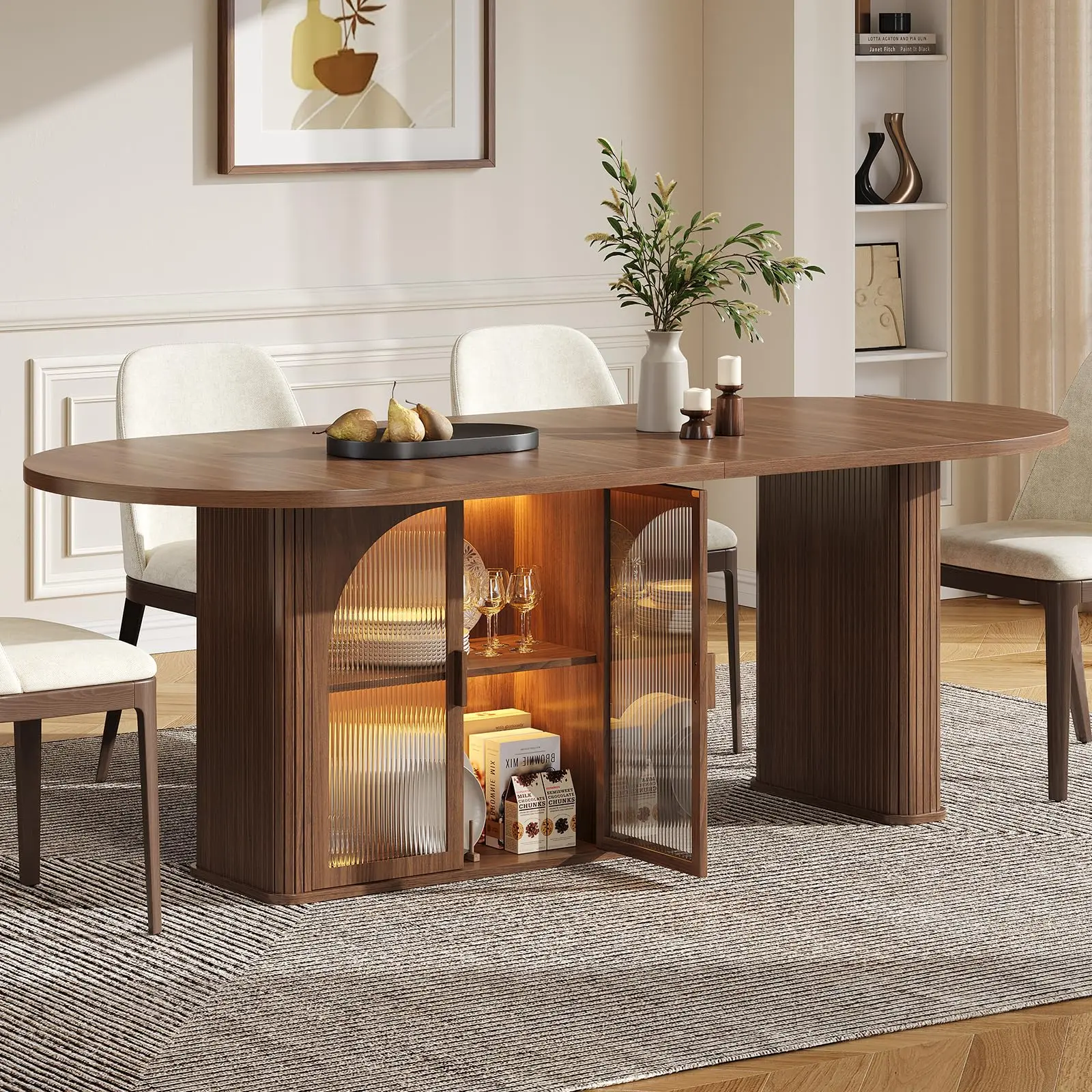 【DealsforYou】ONBRILL 70 Inch Oval Dining Table for 6-8, Modern Dining Room Table with 2-Tier Storage Space, Wood Kitchen Table with LED Light, Dinner Table with Heavy Duty Legs DealsforYou