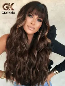 Women's Long Natural Wave Middle Curl Wig with Straight Bangs, Gradual, 26 Inches, Synthetic Material, Heat Resistant, Daily Use Synthetic Curly Wigs