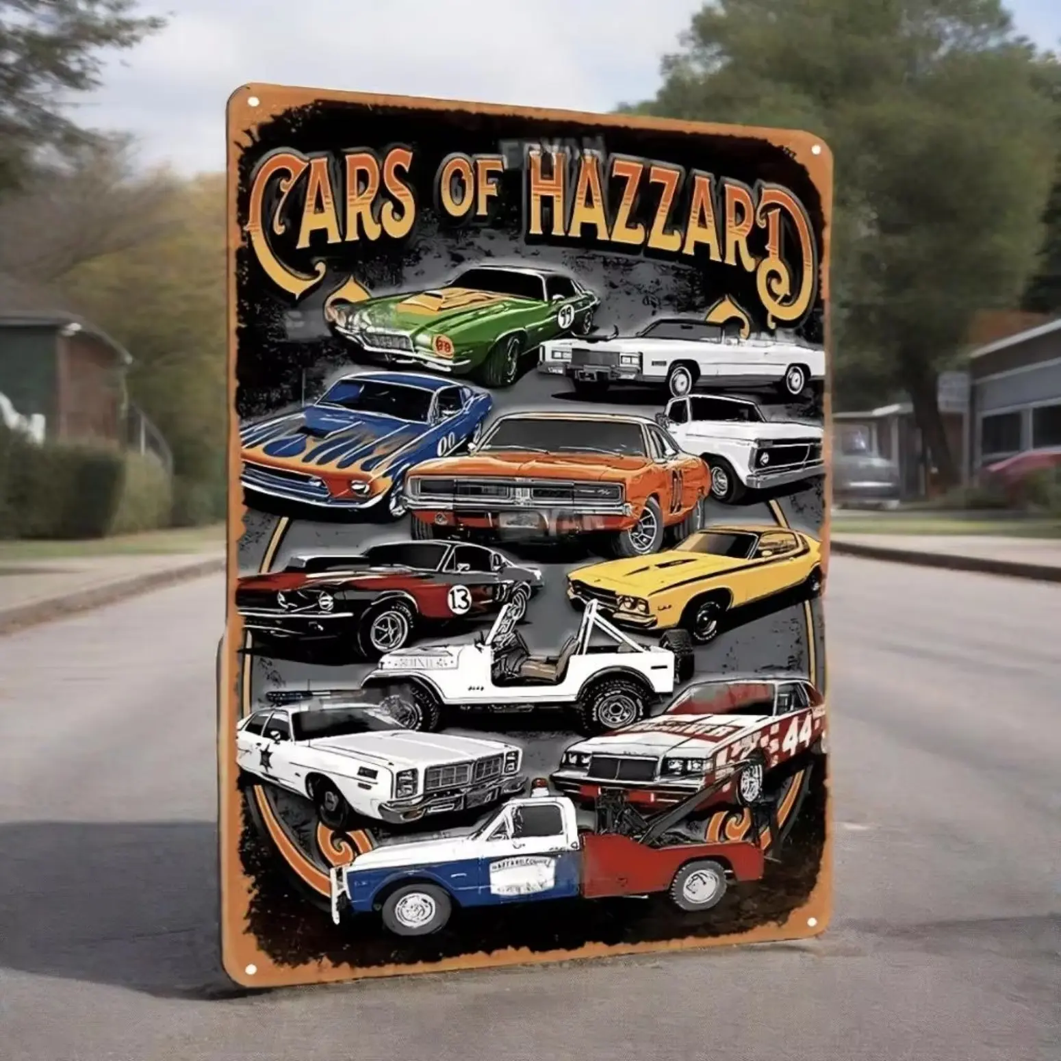 Vintage Cars of Hazzard Artisanal Bourbon Tin Iron Sign Southern Racing Decor General Lee Design 01A