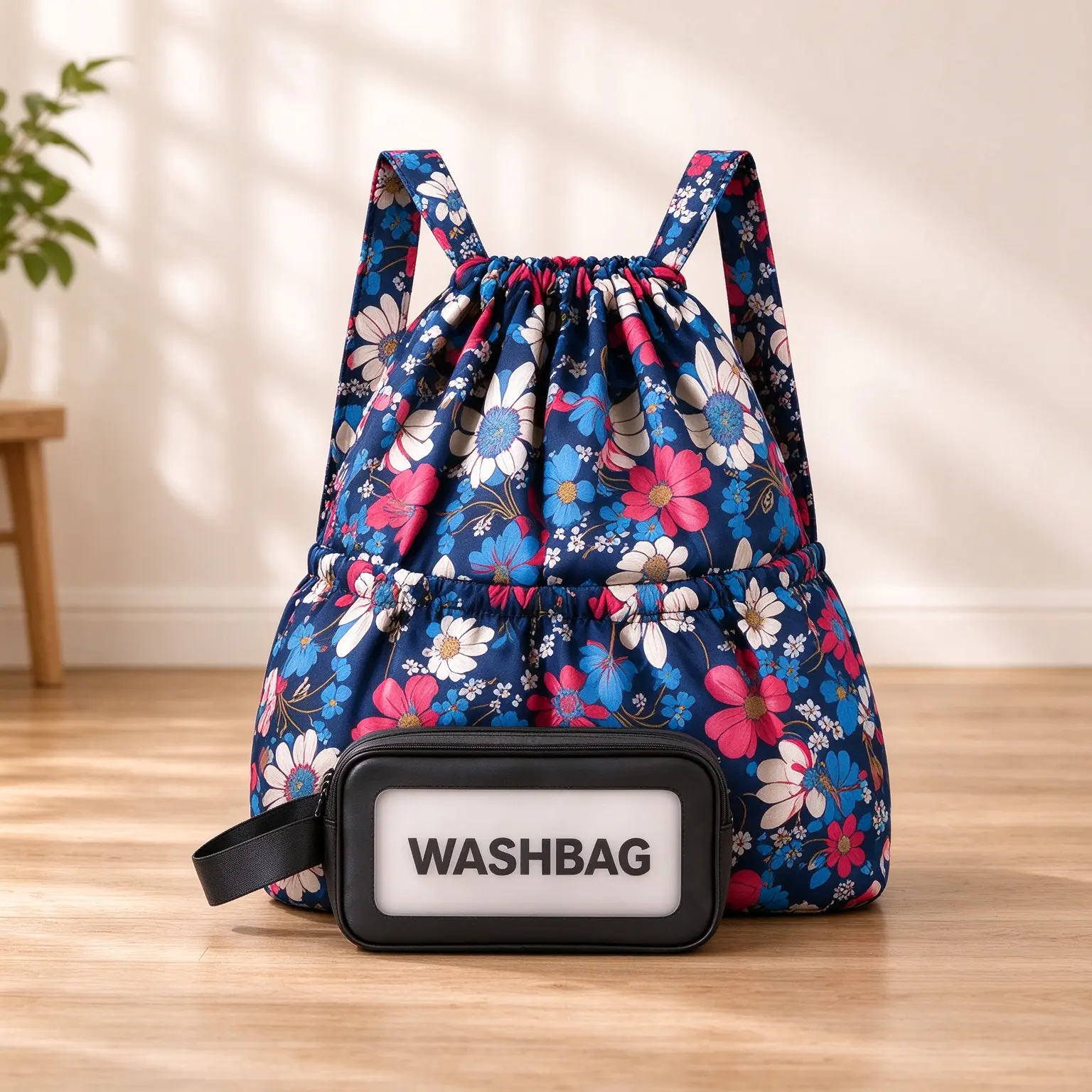 Women's Floral Drawstring Backpack 3-Piece Set with Cosmetic Pouch and Bag Charm, Casual Travel and Everyday Bag