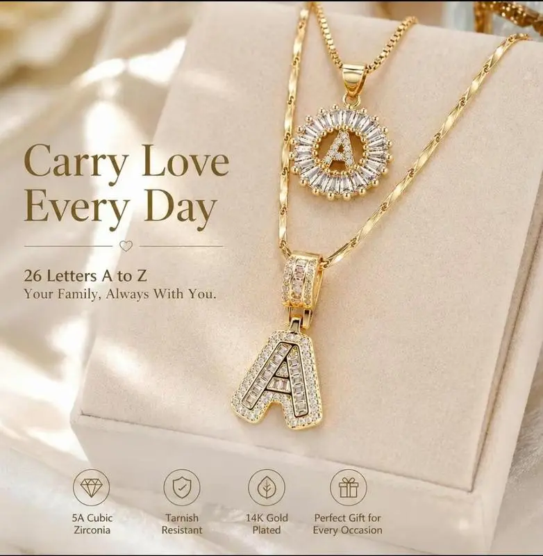 2 Pack Initial Letter Necklace 14k Gold Plated Bling Dainty Necklaces Trendy Chunky Custom Name Necklace Personalized Round Circle Pendant Zirconia Letters Name Valentine's Day Anniversary Jewelry Set Gifts for Mom Gifts for Daughter tiktokshopspringglowu