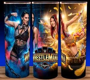Rhea Ripley and Iyo Sky Wrestling Divas Cup Mug Tumbler 20oz Stainless Steel Tumbler with Slide Closure Lid, Reusable Plastic Straw, Handmade Design - Drinkware