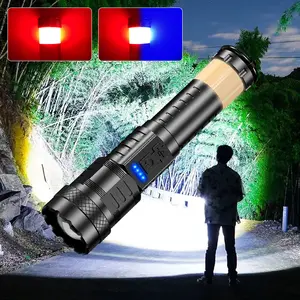 【Valentine's Day gift】 Strong Light Flashlight /USB Rechargeable/Emergency Lighting Hite Flashlight With Red and Blue Alarm Lights And COB Work Light/Buy More Good For Camping Mountaineering Fishing Garden Lighting Road Lighting