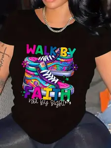 Plus Size Women's Walk By Faith Sneaker & Scripture T-Shirt - 100% Comfortable Casual Round Neck Short Sleeve Top with Faith Print, Spring Summer Church Outfits, Casual Attire, H-Line Fit for Plus Size Praise Apparel