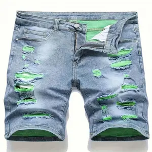 Men'S Denim Shorts Ripped Multi-craft Design Sense Light Blue Mid-trousers Straight-leg Wear Pants European And American