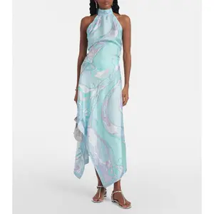 Women’s Satin Two Piece Set – Printed Halter Neck Backless Top & Irregular Skirt, Sexy Evening Party & Wedding Guest Outfit