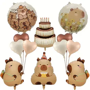 New Capybara-themed aluminum foil balloon set, including 1 birthday cake balloon, 6 heart-shaped balloons, 2 capybara round balloons, and 3 capybara aluminum foil balloons—ideal for birthday party decorations, capybara-themed store decor,