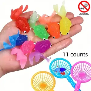 11 Piece Floating Soft Rubber Goldfish Toys and Net Bag, Indoor and Outdoor Water Games, Summer Party Decorations, No Batteries Needed