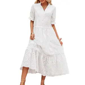 Chouyatou Women's Summer Boho Embroidery Eyelet Dress V-Neck Collared Tiered Midi Tunic Dress