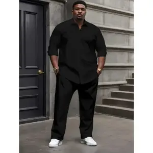 Men's Plus Size Casual Suit Set - Polyester Lapel Shirt with Slight Stretch, Solid Color Woven Bottoms, Regular Fit Elastane Clothes Pants Tops Long Sleeve Black Menswear Gamis Trouser