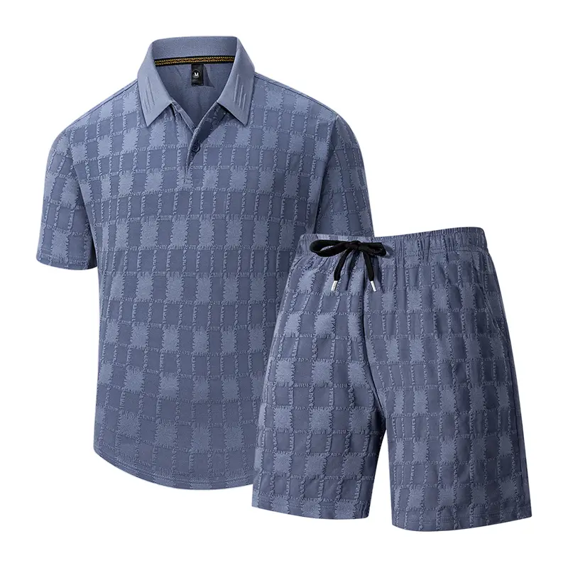 Men's Checkerboard Jacquard Polo & Shorts 2 Piece Outfit, Short Sleeve Polo Shirt with Drawstring Shorts Set, Casual Co-Ord Set for Summer Daily Wear, Streetwear & All-Season Styling  2618