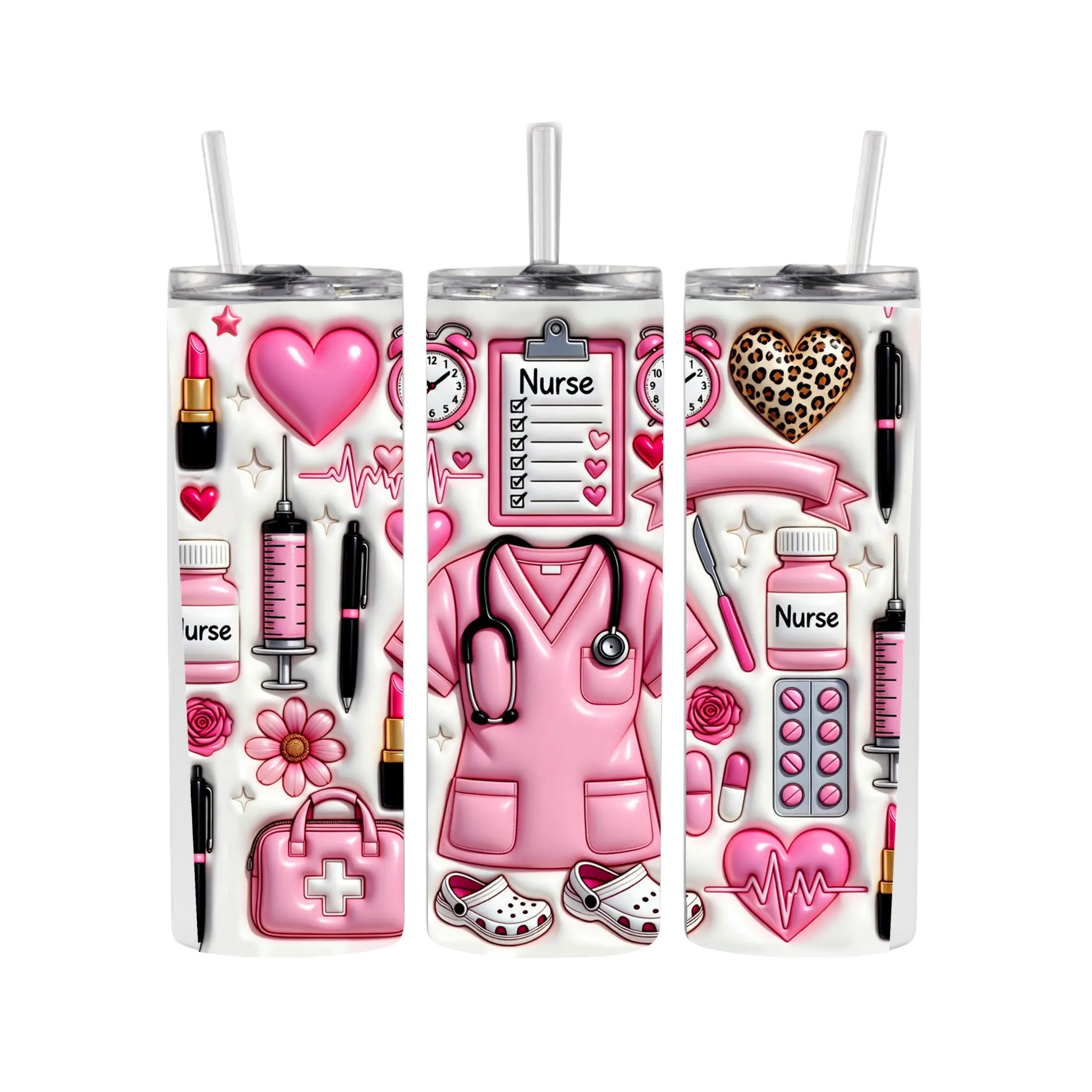 20 oz Capacity Double-Wall Insulated Leak-Proof Pink Nurse-Themed Tumbler with Straw, Sliding Lid - 500-1000 ml Kitchen Drinkware Water Bottle for Adults, Individually Boxed