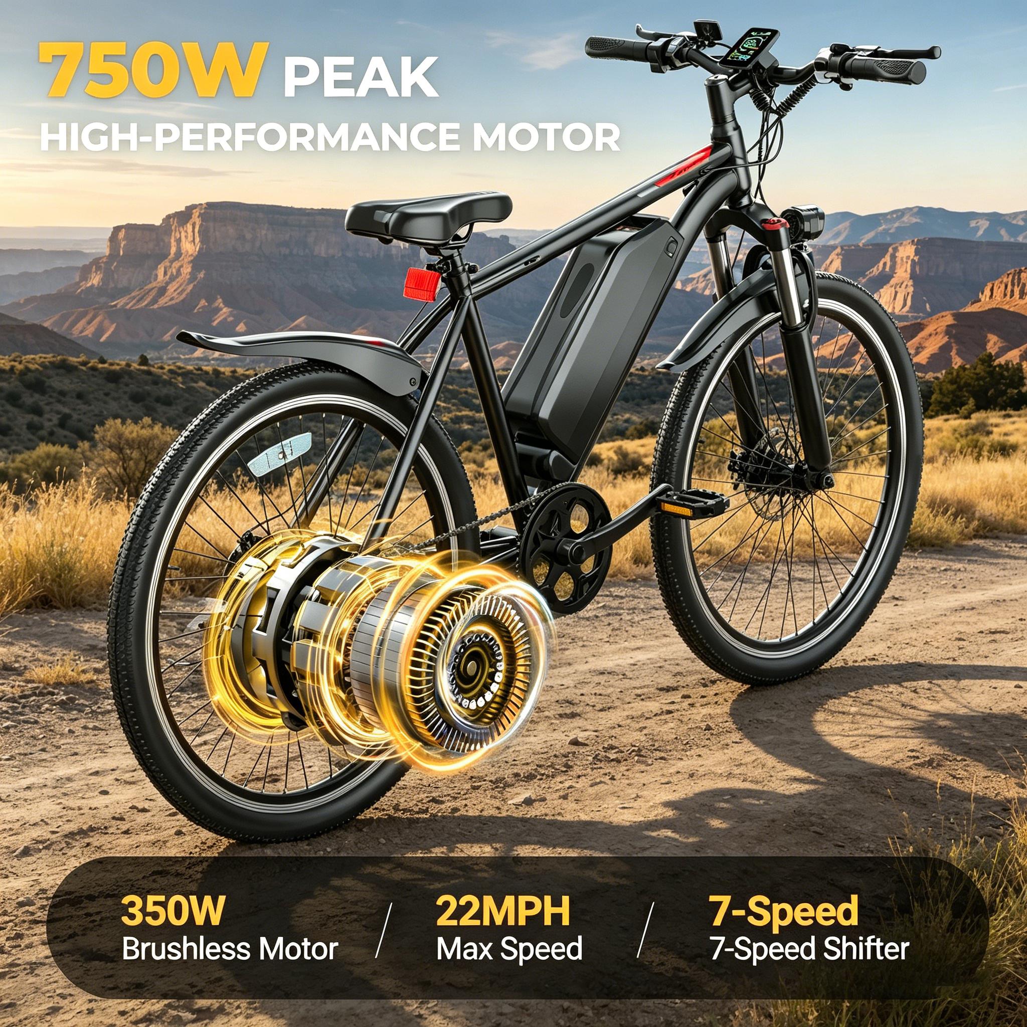 B High Performance Mountain E-Bike 350W Motor 26” Inflatable Tires 48V Battery 22MPH 20‑70 Miles PAS Dual Front & Rear Disc Brakes