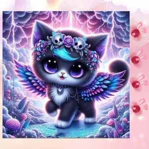 5D DIY Full Drill Round Diamond Painting - Diamond Art Painting Kit, Cat, Wings, Wreath Mosaic, Canvas - DIY Decorative Painting, Home Wall Decor, Suitable for Halloween, Christmas, Birthday, and Anniversary Gifts